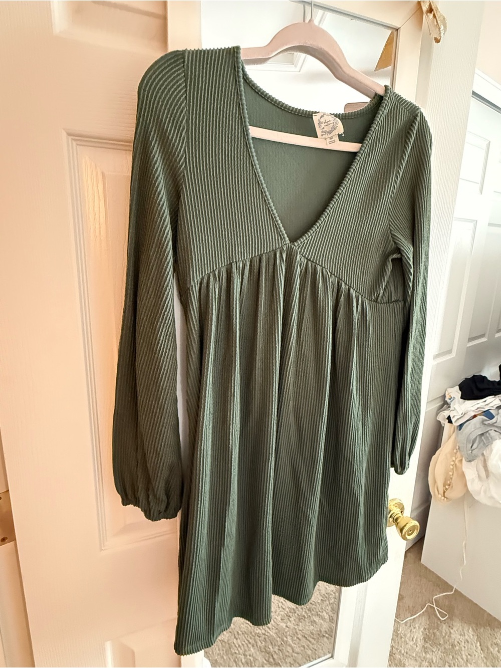 Blue Rain Ribbed V-Neck Mini Dress in Olive